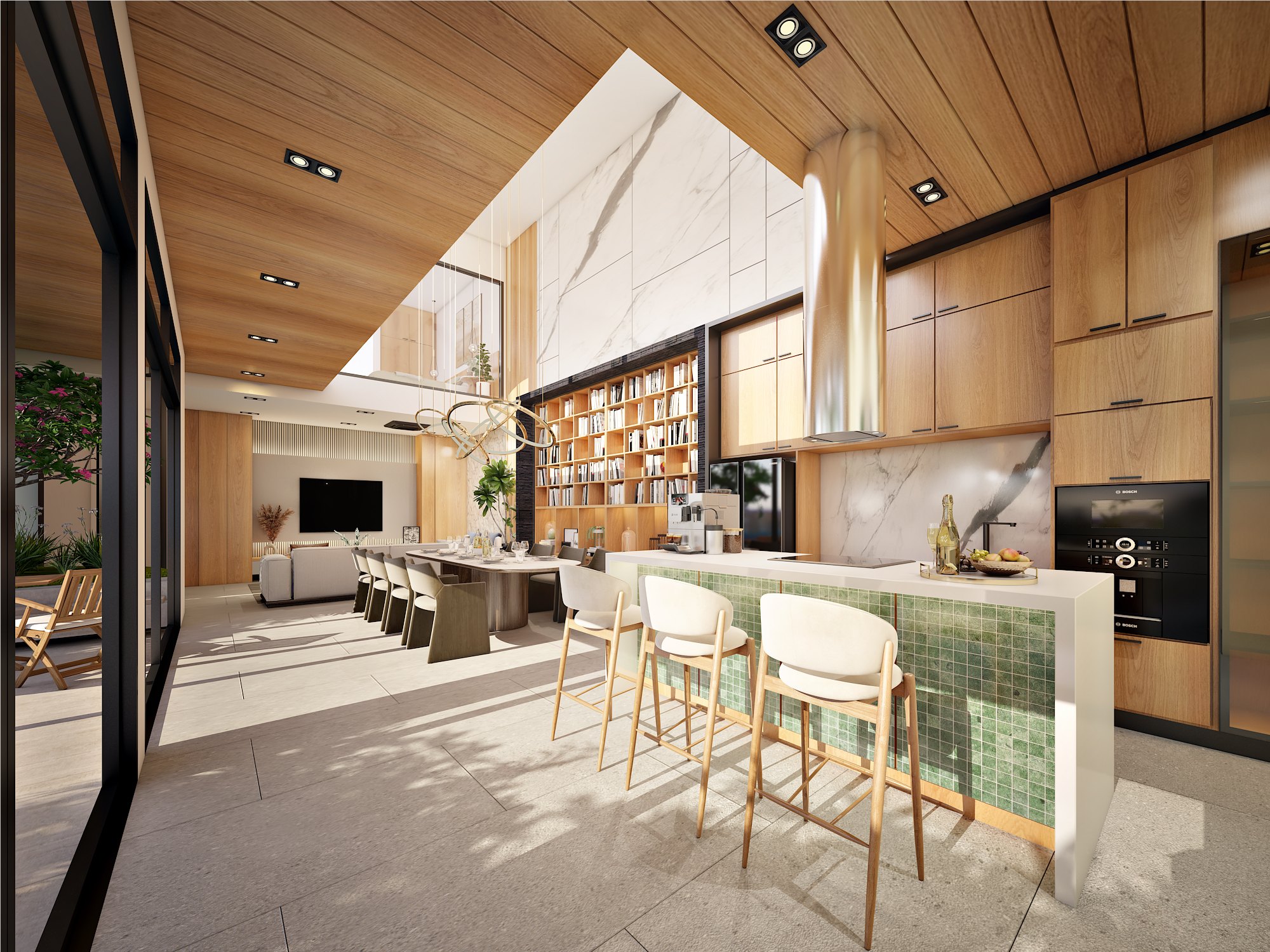 Open-plan kitchen and dining render