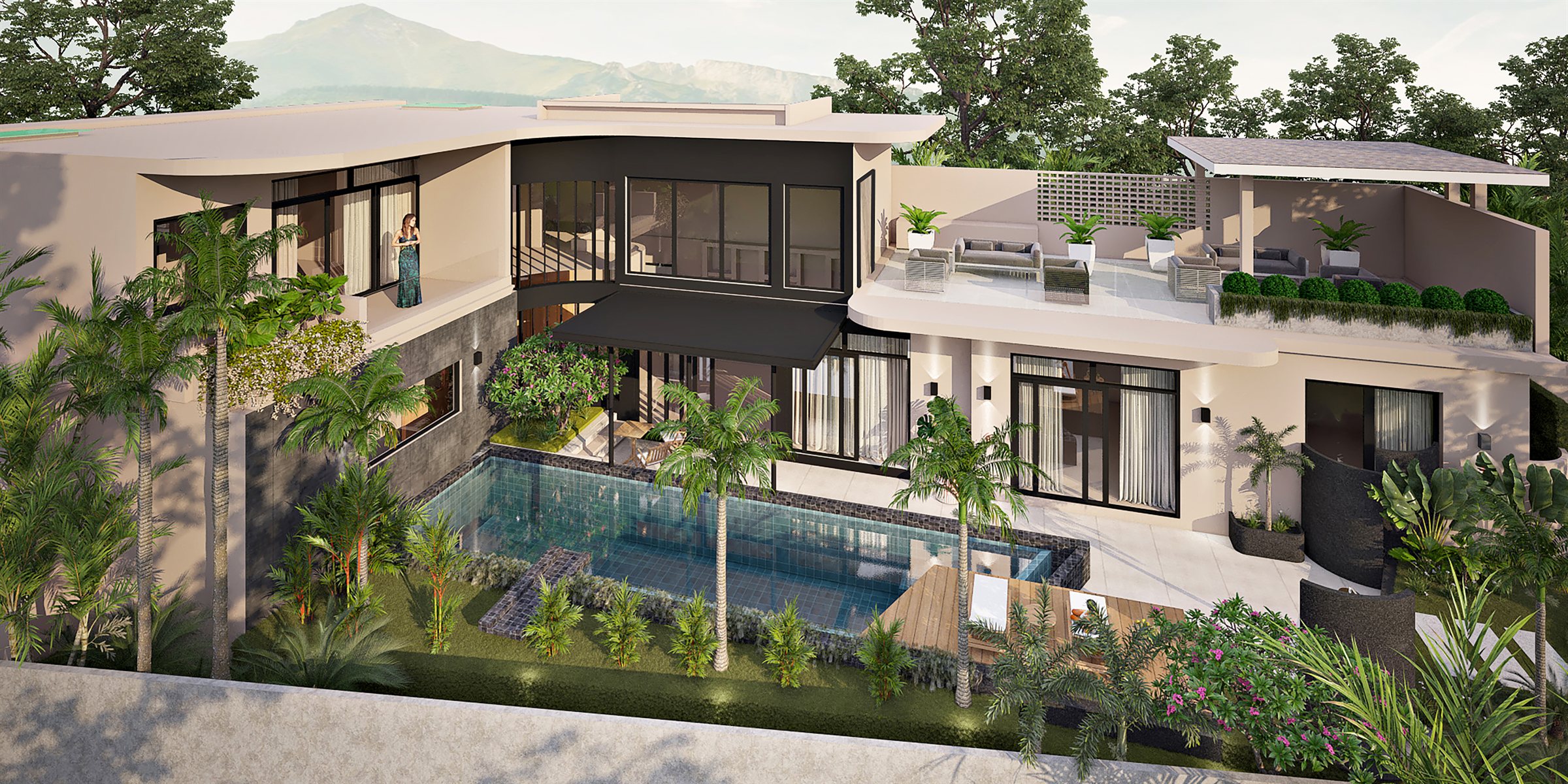 Wide villa exterior and rooftop