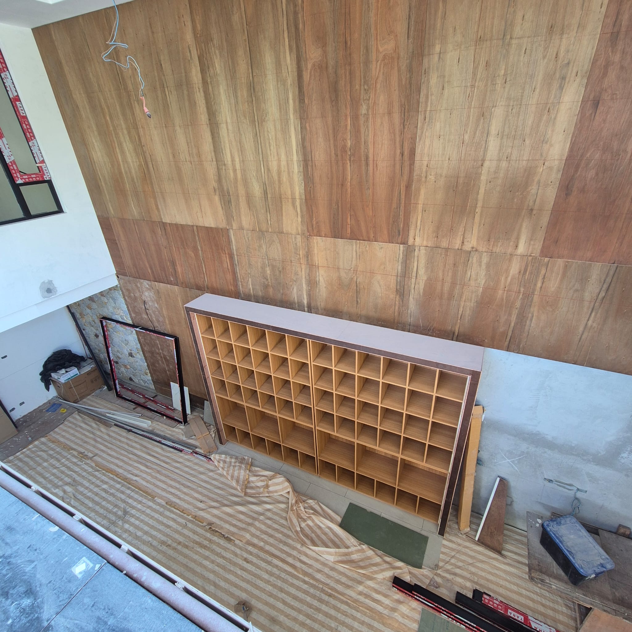 Feature wall joinery and timber ceiling