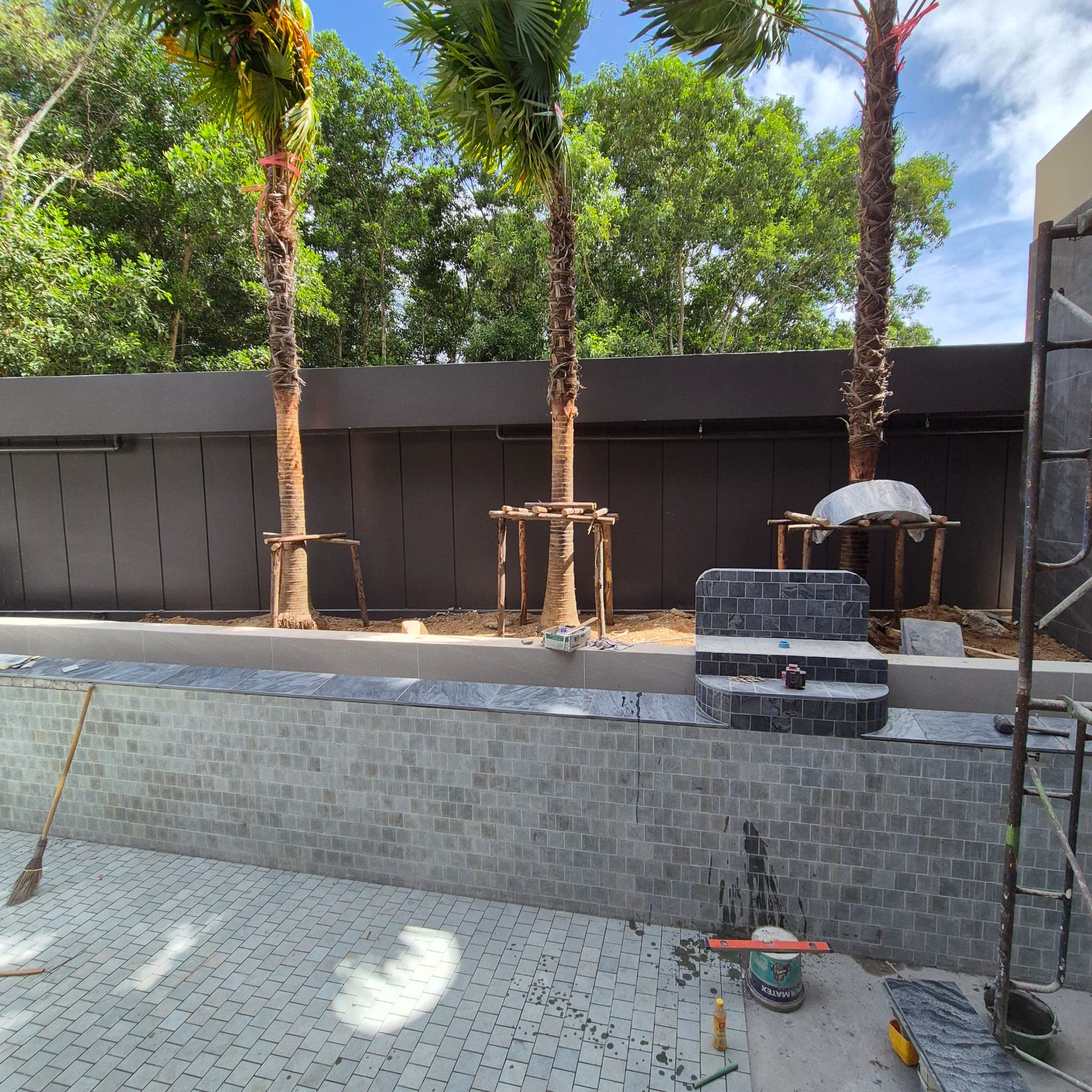 Pool tiled with new palm planting
