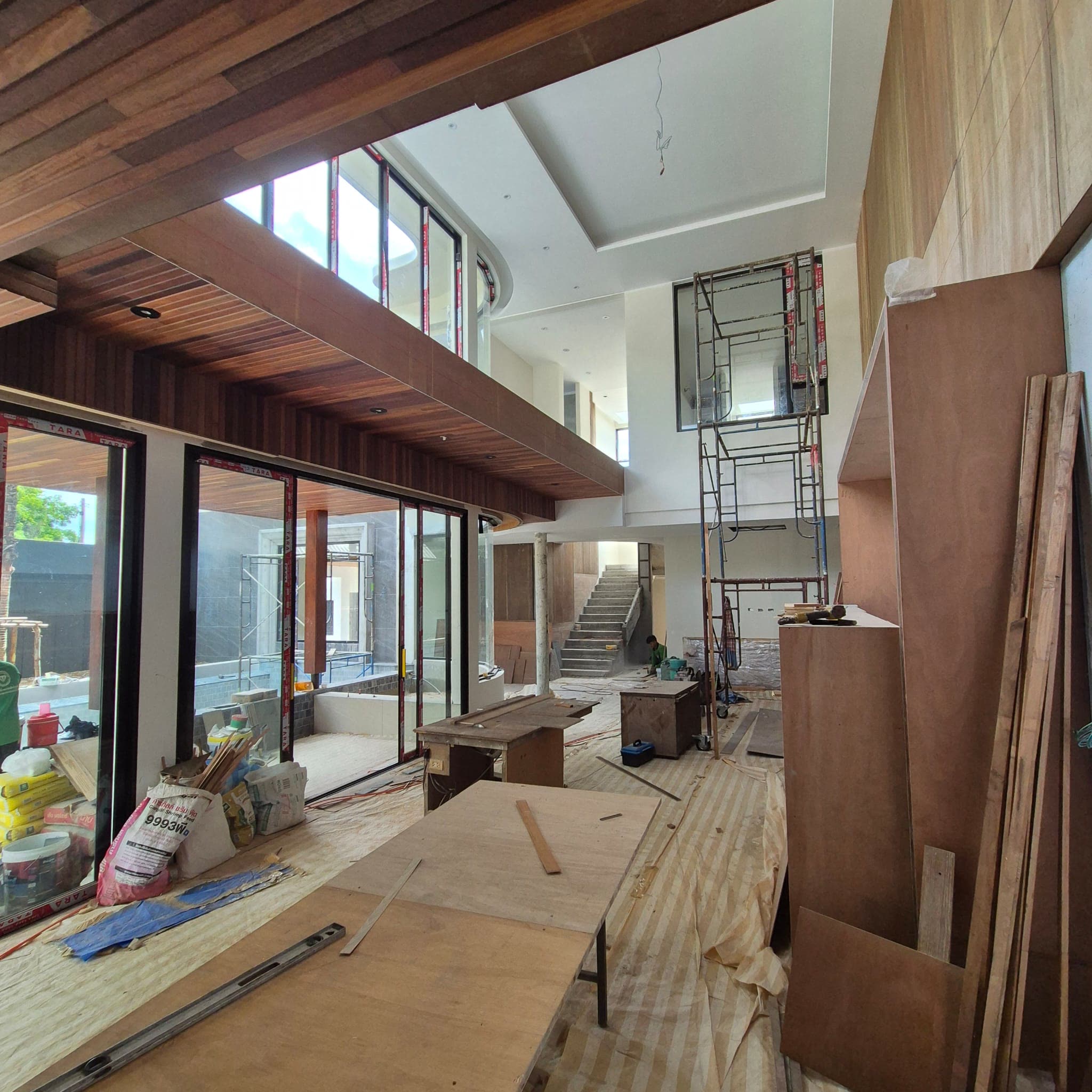 Living area glazing and timber ceiling